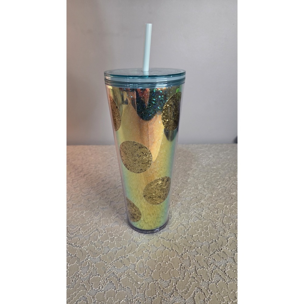 Starbucks Gold and White Glitter Decorated Tumbler with Lid and Straw